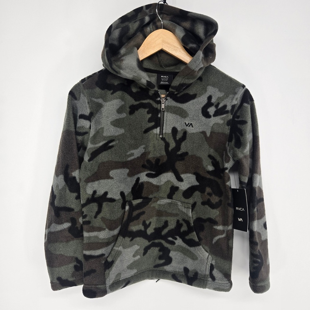 RVCA Fleece Hoodie Boys Small Camo Quarter Zip Sweater Green Black Pullover NEW